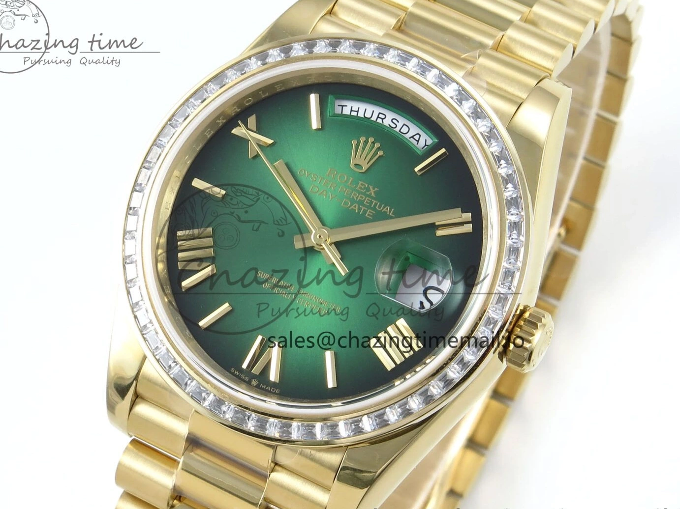 Bracelet Black 40 QF Diamonds Weight) Best YG on DayDate A2836 Dial V5 (Gain Bezel President Green Edition 1:1 0429